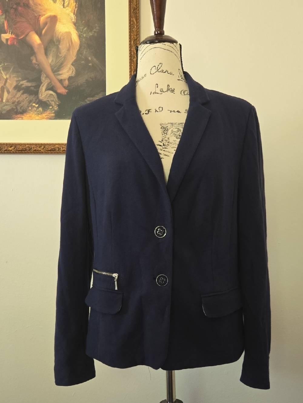 Chico's Navy Two-Button Blazer with Zip Pocket Accent